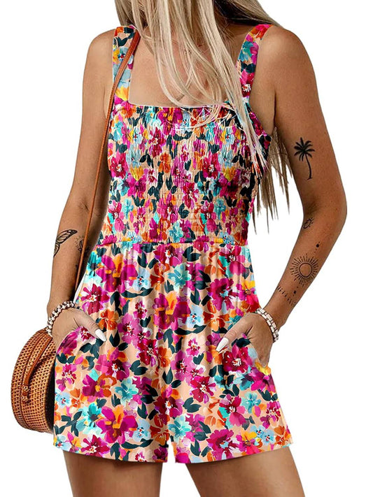 💃Dame Sommer Firkantet hals Ærmeløs Løs Afslappet Kort Smocked Romper✨