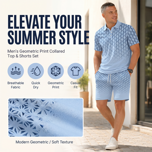 ⏳Limited-Time Special⏰Men's Geometric Print Collared Top & Shorts Set – Modern Pattern & Breathable Coordinated Look 🔷