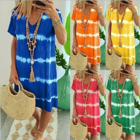 👗 TIE-DYE-STRIPET T-SHIRT-KJOLE MED KORTE ÆRMER