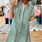 Lapel Short Sleeve Green Stripe Dress