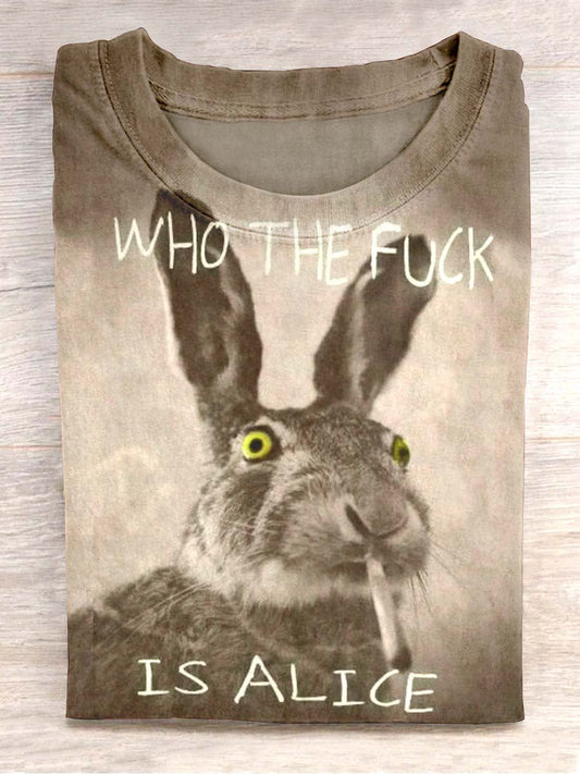 Unisex Smoking Bunny Print Casual kortærmet T-shirt