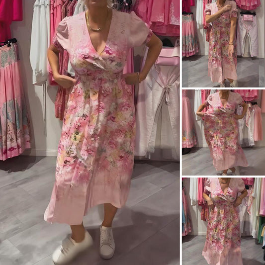 🌸Elegant lang kjole med blomsterprint og V-hals til kvinder
