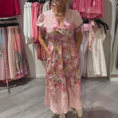 🌸Elegant lang kjole med blomsterprint og V-hals til kvinder
