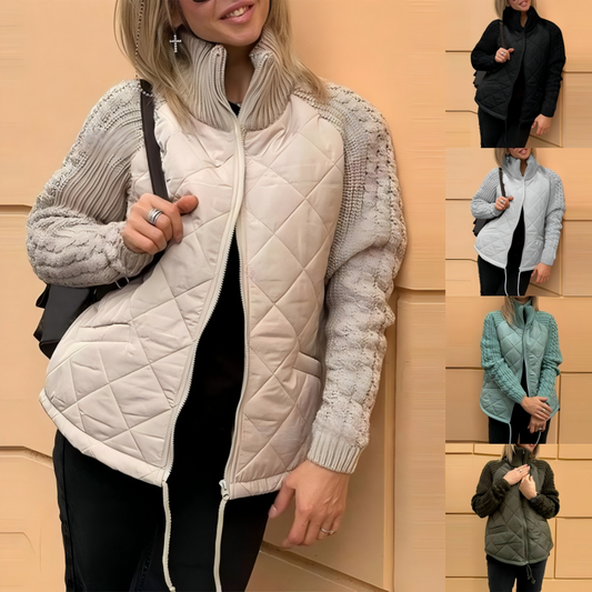 Puffjakke i strikket patchwork til kvinder