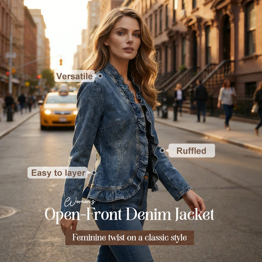🧥 50 % RABAT NU! 🌸 Denimjakke til kvinder med flæser og åben front – Let og feminin – Alsidig og chic 👗