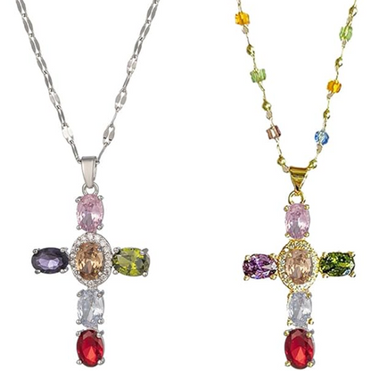 ✨ Køb 1, få 1 gratis! 💎 Farverigt halskæde med kryds i rhinestones – Blændende flerfarvet og justerbar kæde – Letvægts-statement-smykke 🌈