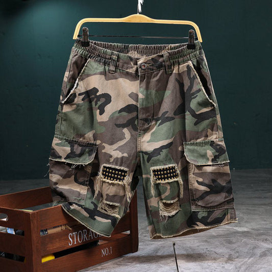 🎁2026 Nye varer 50 % RABAT💥Cargoshorts til mænd med nitter og camouflagemønster – Slidt look, flere lommer