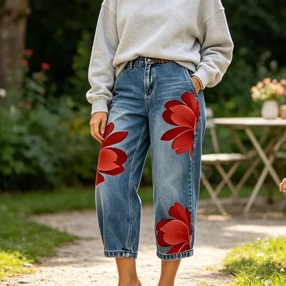 🎁2026 Nye varer – 50 % rabat💥Kunstneriske blomsterjeans med brede ben til kvinder