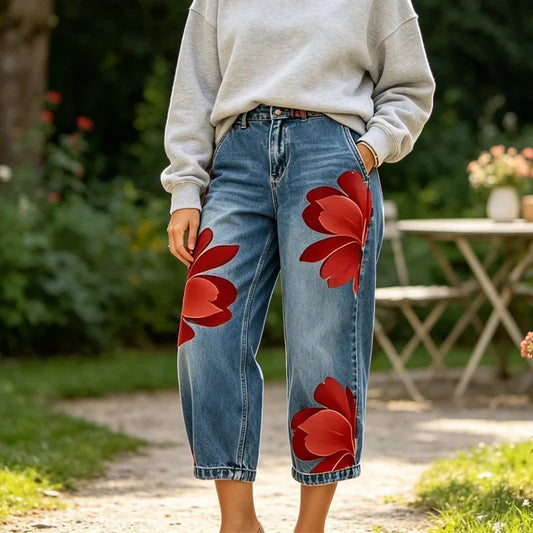 🎁2026 Nye varer – 50 % rabat💥Kunstneriske blomsterjeans med brede ben til kvinder