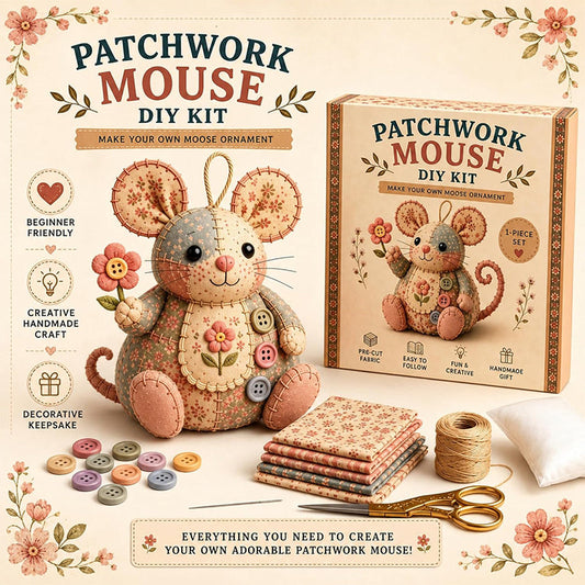 🧵🐭 Vintage patchwork-mus DIY-sæt – Alt inkluderet & perfekt til begyndere!