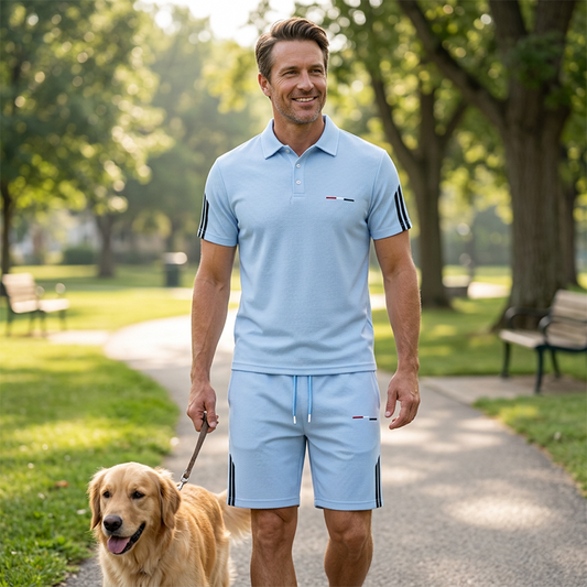👕 50 % RABAT I BEGRÆNSET PERIODE! ✨ Casual sæt med kortærmet skjorte og shorts til mænd – åndbart bomuldsblandingsmateriale, klassisk krave, stribede detaljer 🌊