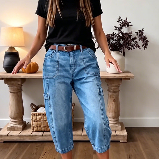 👡 Korte jeans med brede ben og stretch — kan styles op eller ned til enhver lejlighedStørrelse